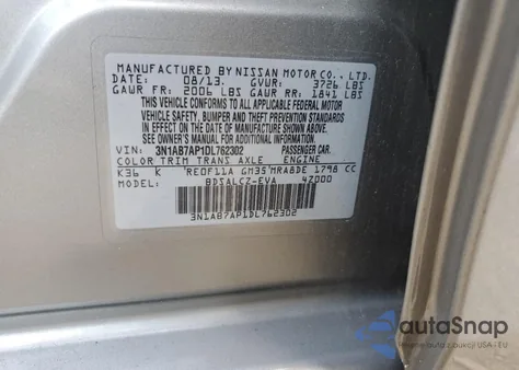 2013 Nissan Sentra S z USA, uszkodzony, nr VIN 3N1AB7AP1DL762302